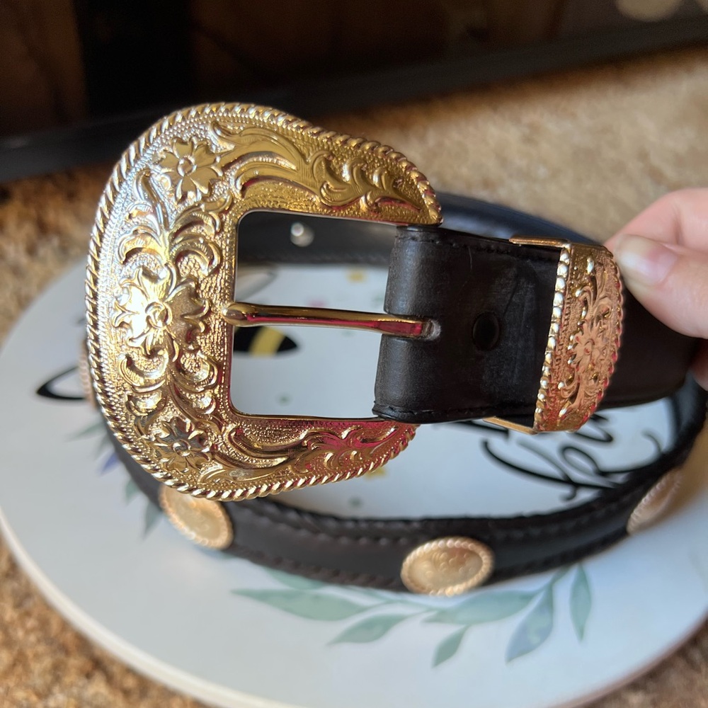 Women’s genuine black leather western belt with a gold-toned buckle and conchos. - Picture 11 of 17